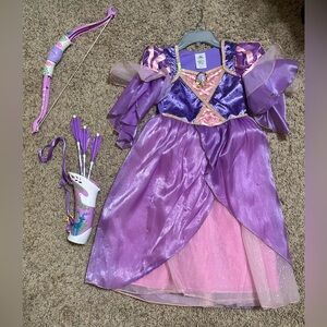 Disney Tangled Costume Size 5/6 with Bow and 3 Arrows Archery set.